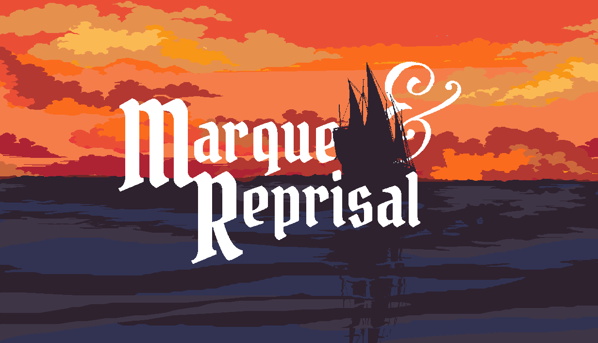 Complete Marque & Reprisal capsule art with the ship crossing the title at sunset.