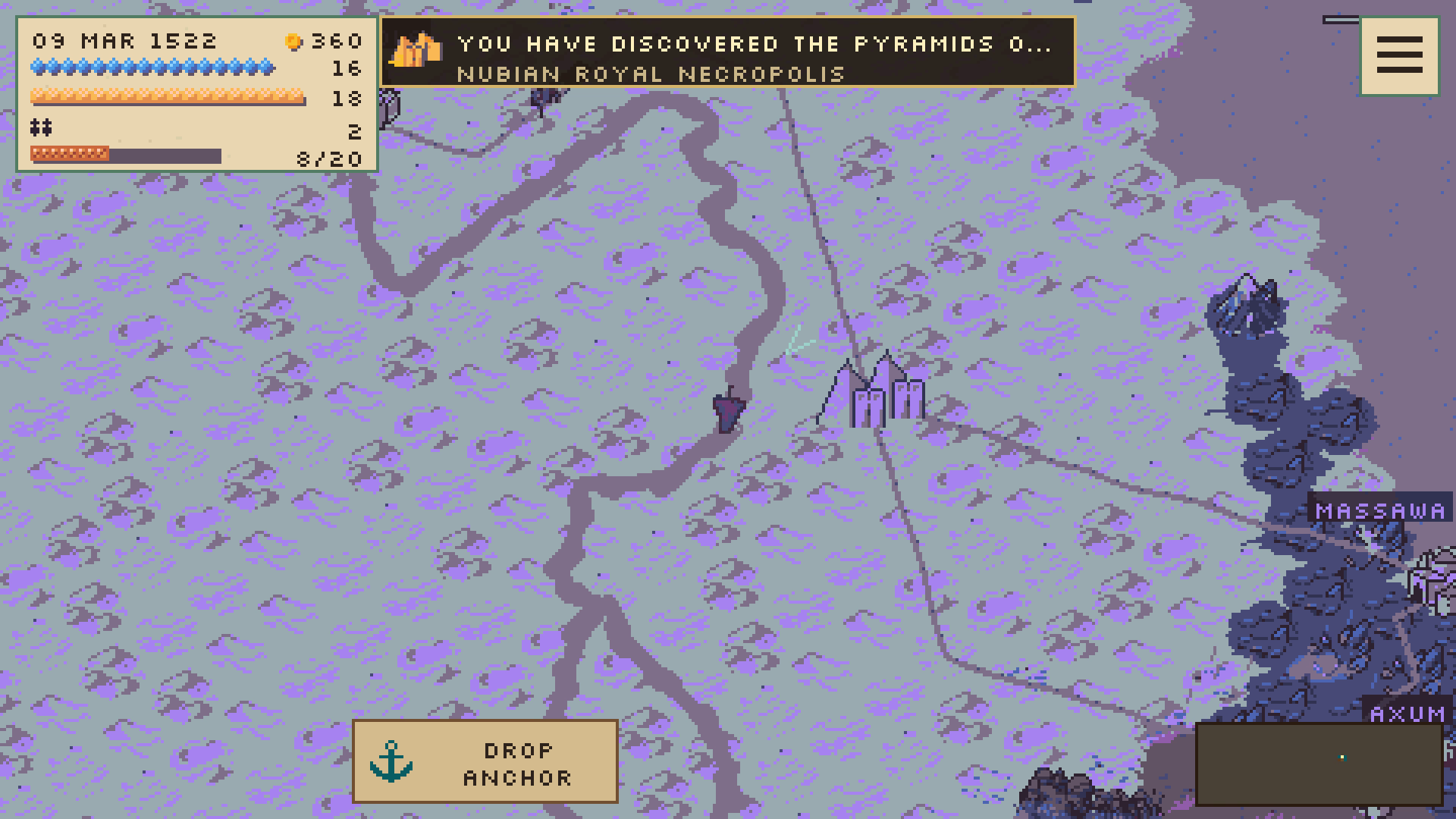 A captain discovers the Nubian pyramids on the world map.