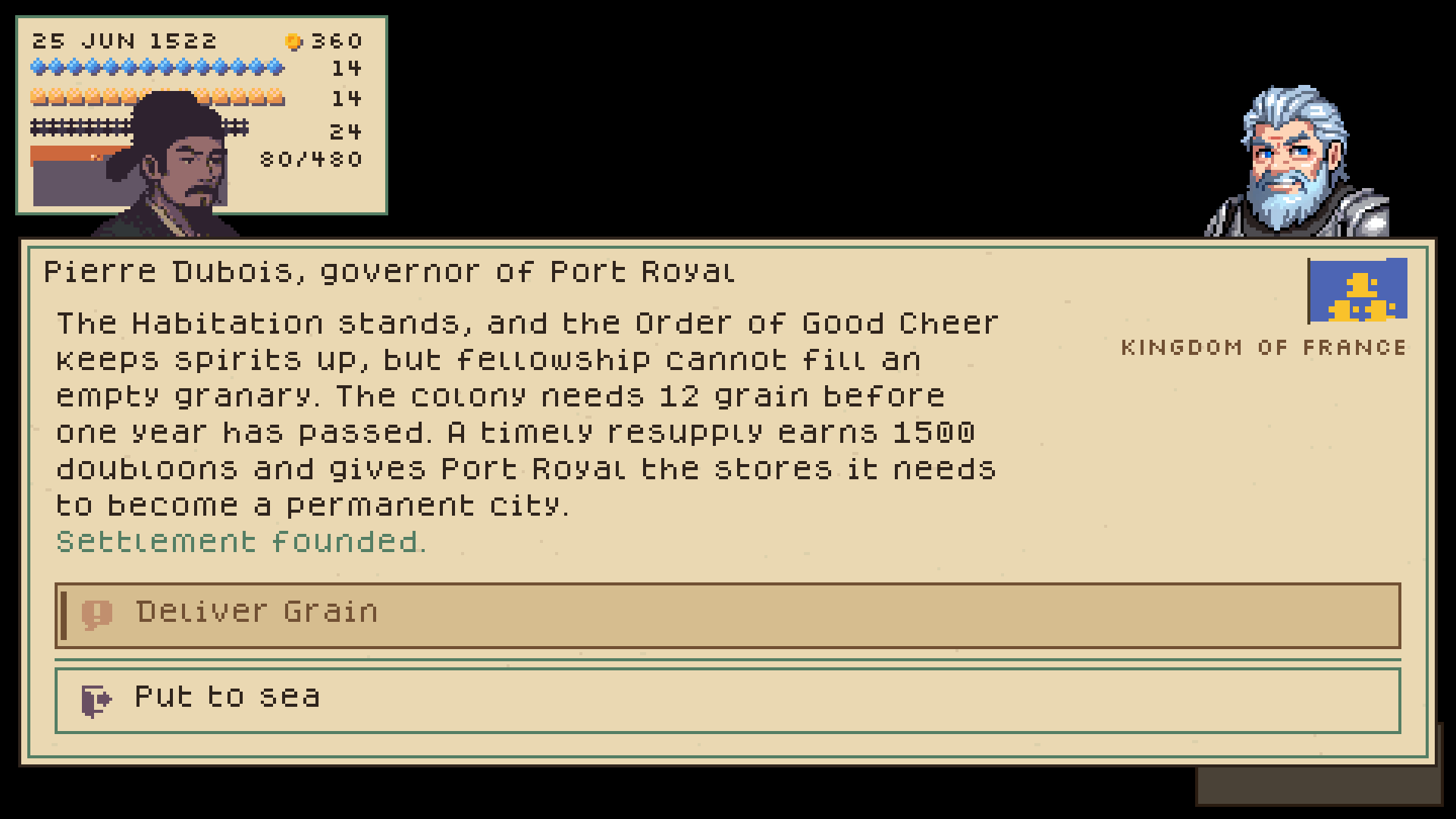 The governor of Port Royal asks the captain to resupply the new colony with grain. Interface language: English.