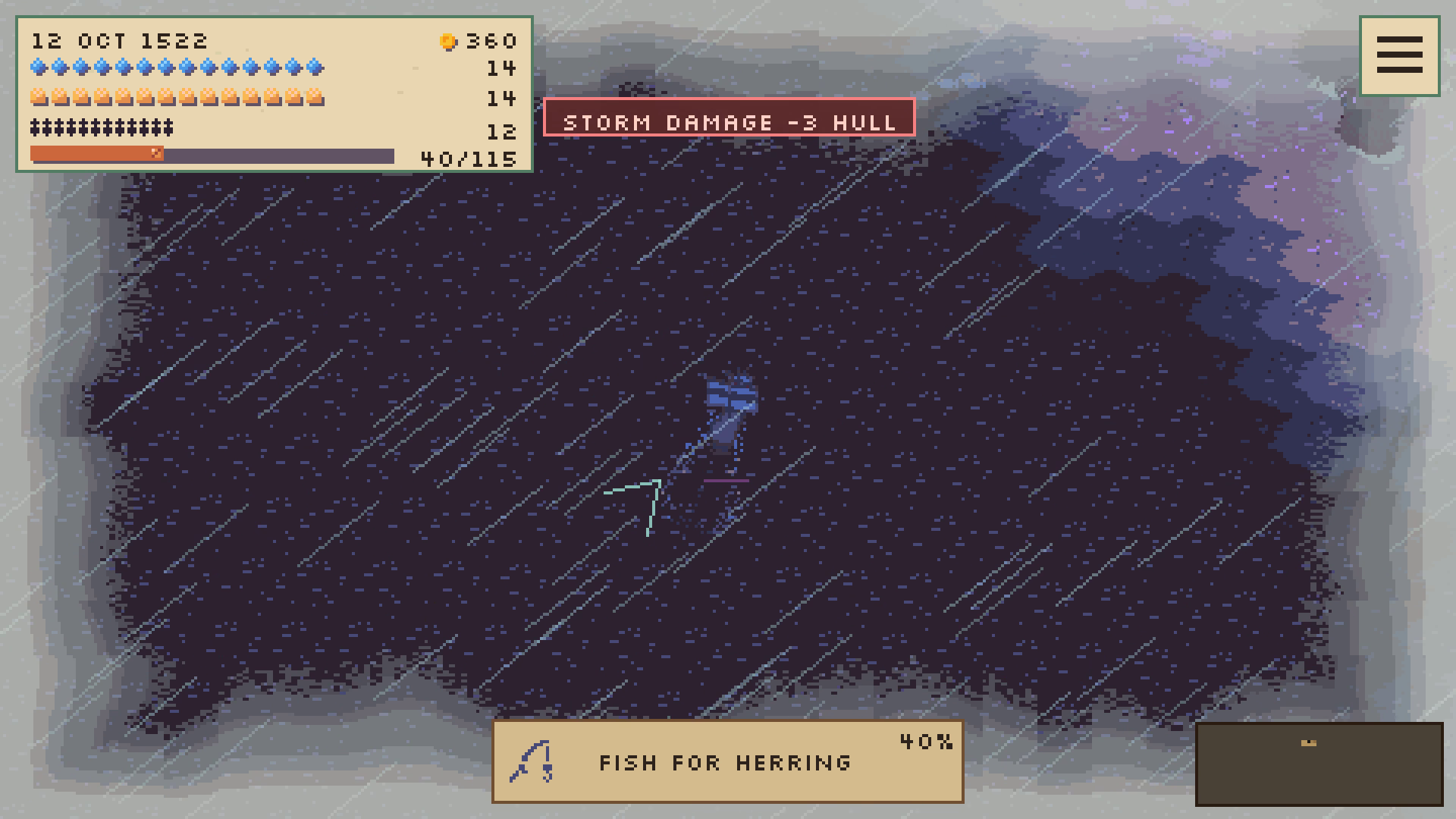 A small ship takes hull damage while sailing through a violent Atlantic storm.
