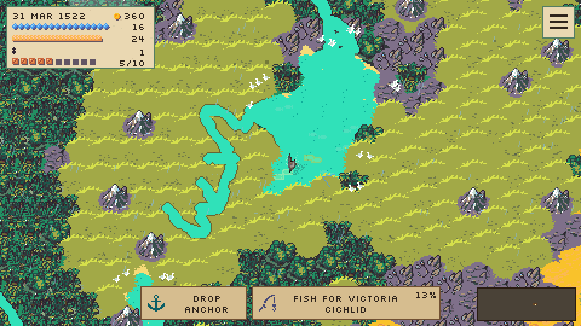 A dhow sails on Lake Victoria amid winding rivers, mountains, and forests. Interface language: English.
